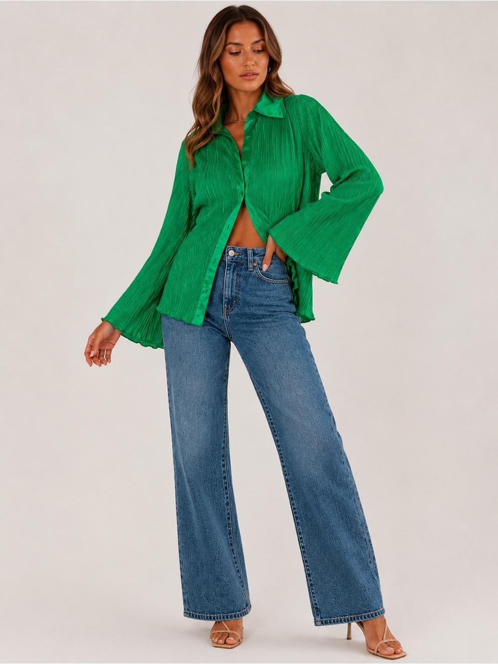 Peppermayo Plissé Satin Button Down Shirt Emerald Green Long Sleeve Women Size 8